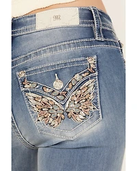 Miss Me Women's Light Wash Mid Rise Butterfly Pocket 34" Bootcut Stretch Denim Jeans