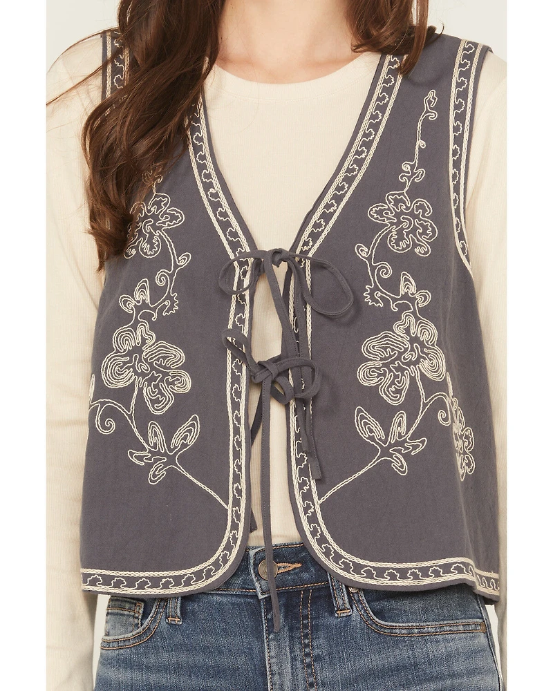 Easel Women's Floral Embroidered Tie-Front Vest