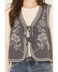 Easel Women's Floral Embroidered Tie-Front Vest