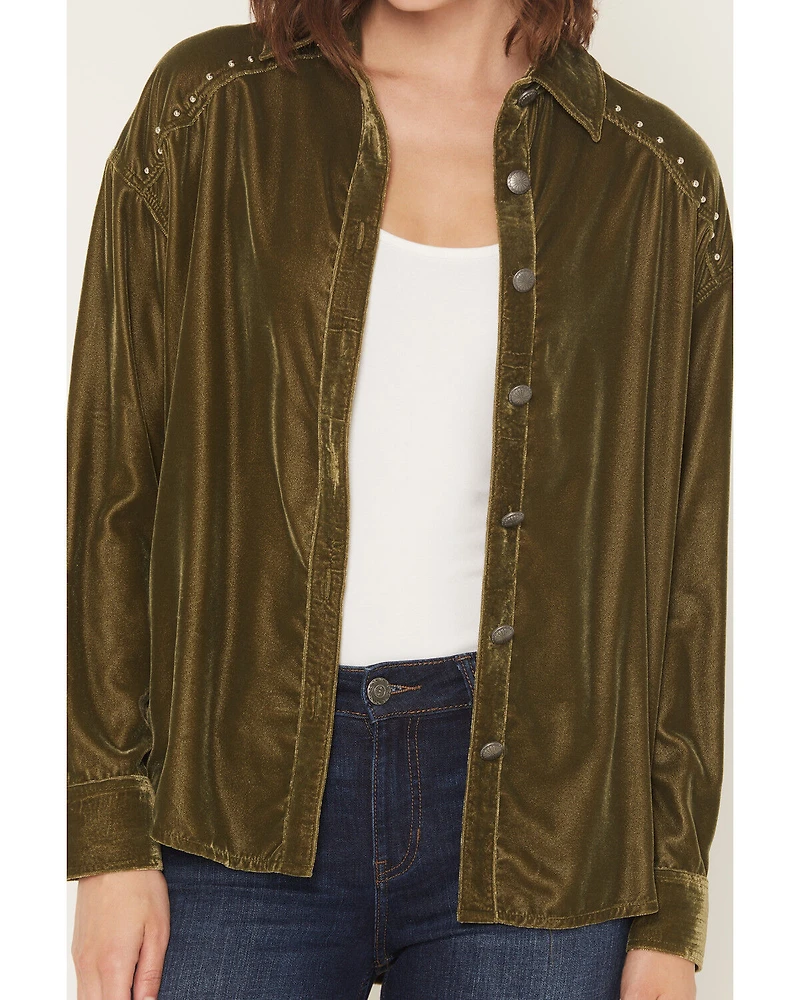 Rock & Roll Denim Women's Oversized Studded Velvet Concho Button Shirt