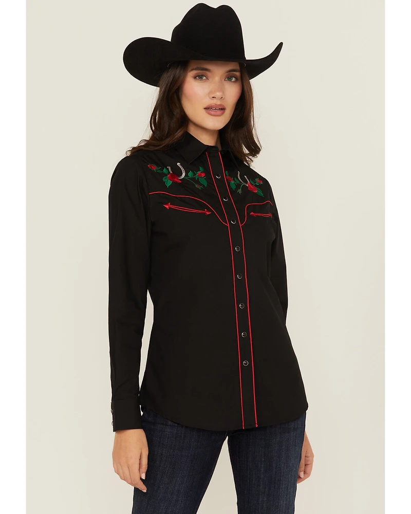 Rodeo Clothing Women's Rose Embroidered Long Sleeve Snap Western Shirt