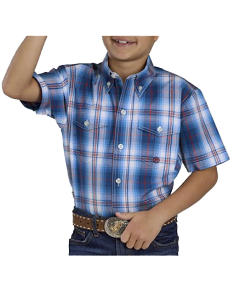 Roper Boys' Plaid Print Short Sleeve Button-Down Western Shirt
