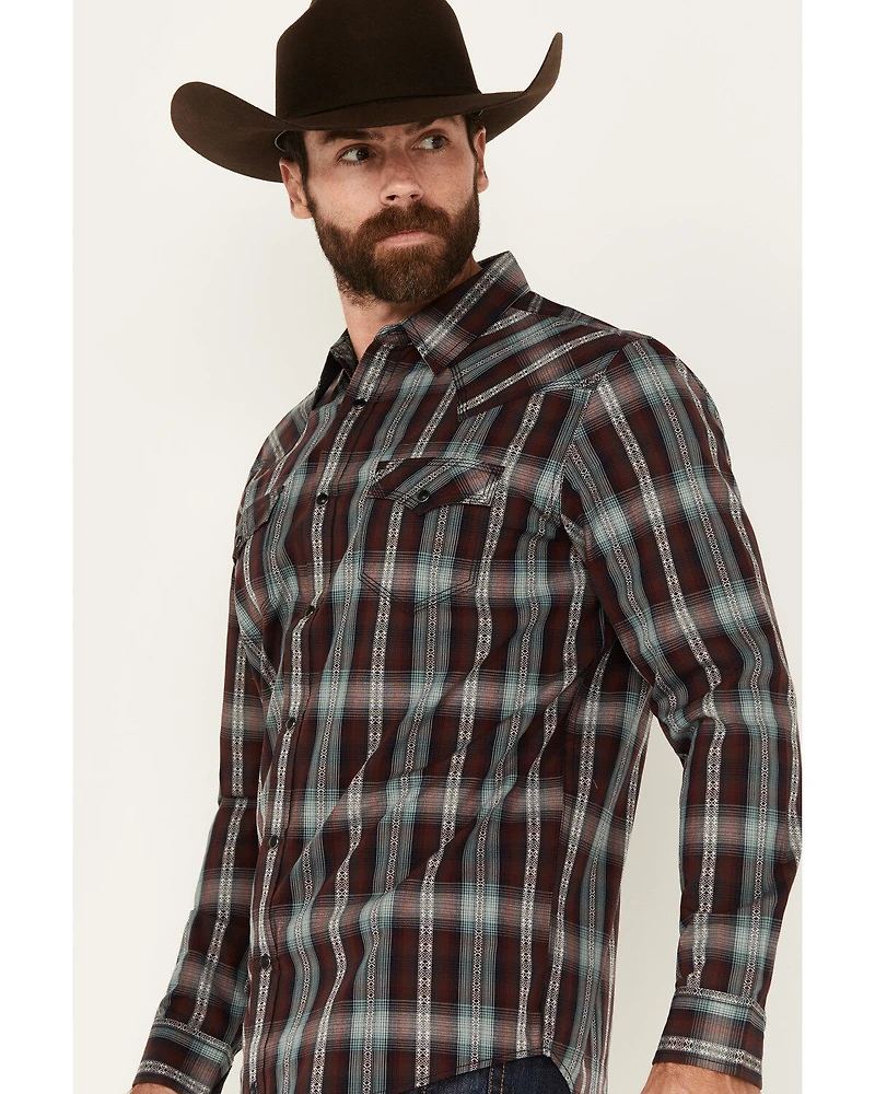Moonshine Spirit Men's Lone Horn Plaid Print Long Sleeve Snap Western Shirt
