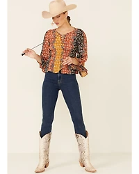 Shyanne Women's Boho Floral Stripe Bell Sleeve Top