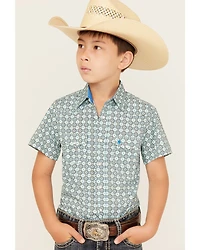 Rodeo Clothing Boys' Medallion Print Short Sleeve Pearl Snap Western Shirt