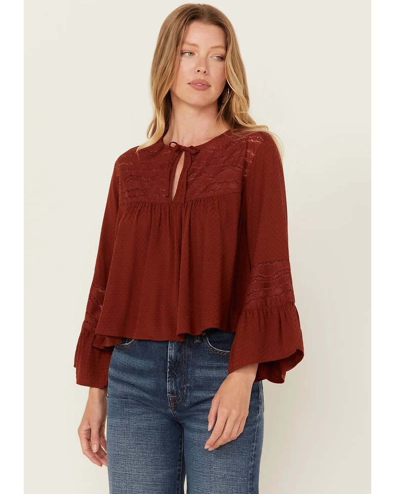 Cleo + Wolf Women's Lace Front Long Sleeve Peasant Top