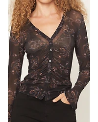 Idyllwind Women's Penny Paisley Print Bell Sleeve Button-Down Mesh Shirt