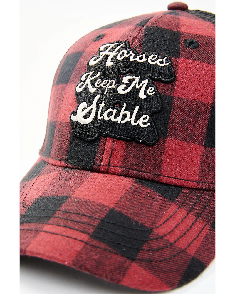 Shyanne Women's Horses Keep Me Stable Buffalo Plaid Mesh-Back Ball Cap