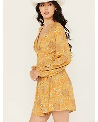 En Creme Women's Medallion Print Cut Out Long Sleeve Mini Dress