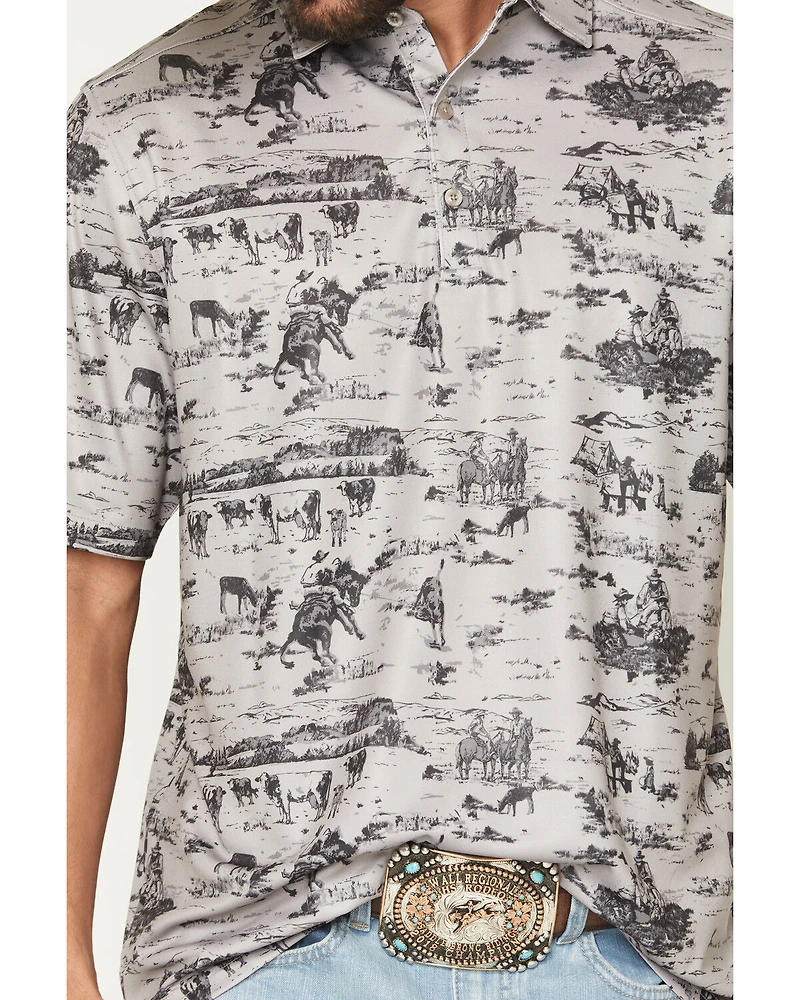 CInch Men's Cowboy Print Short Sleeve Button-Down Stretch Polo Shirt