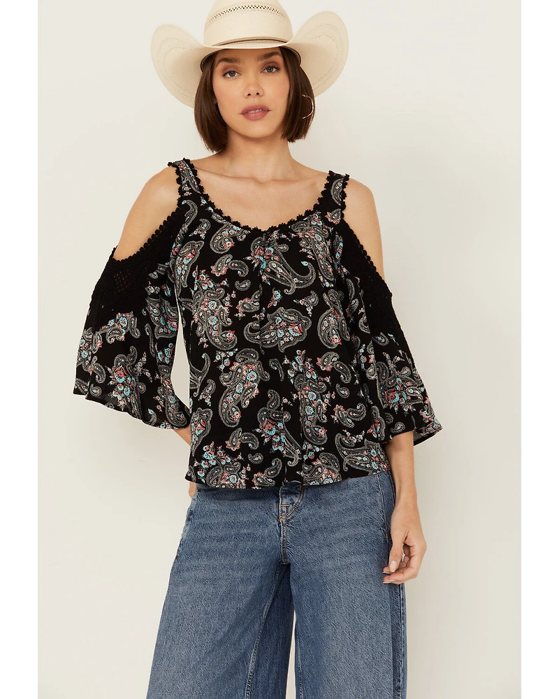 Wild Moss Women's Paisley Print Crochet Cold Shoulder Top
