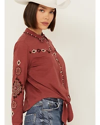 Shyanne Women's Embroidered Long Sleeve Tie Front Pearl Snap Shirt