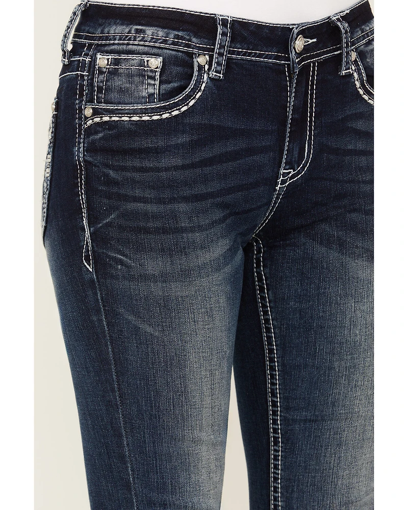 Grace LA Women's Dark Wash Sequin Pocket Mid Rise Bootcut Stretch Denim Jeans