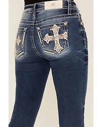 Miss Me Women's Dark Wash Mid Rise Cross Pocket Slim 32" Bootcut Stretch Denim Jeans