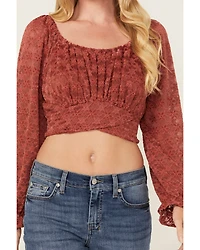 Beyond The Radar Women's Floral Lace Long Sleeve Tie Back Cropped Shirt