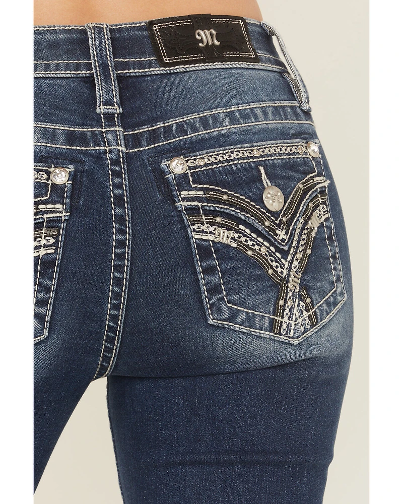 Miss Me Women's Dark Wash Mid Rise Embroidered Pocket 32" Bootcut Stretch Denim Jeans