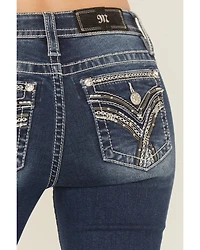 Miss Me Women's Dark Wash Mid Rise Embroidered Pocket 32" Bootcut Stretch Denim Jeans