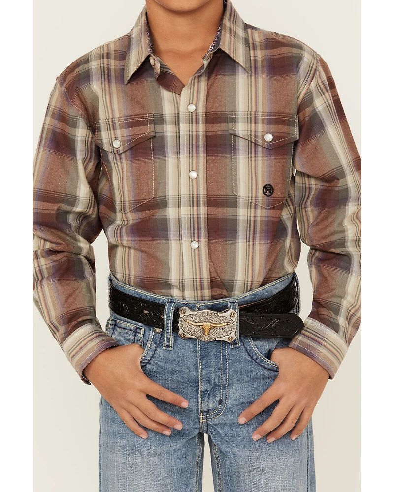 Roper Boys' Amarillo Plaid Print Long Sleeve Pearl Snap Western Shirt