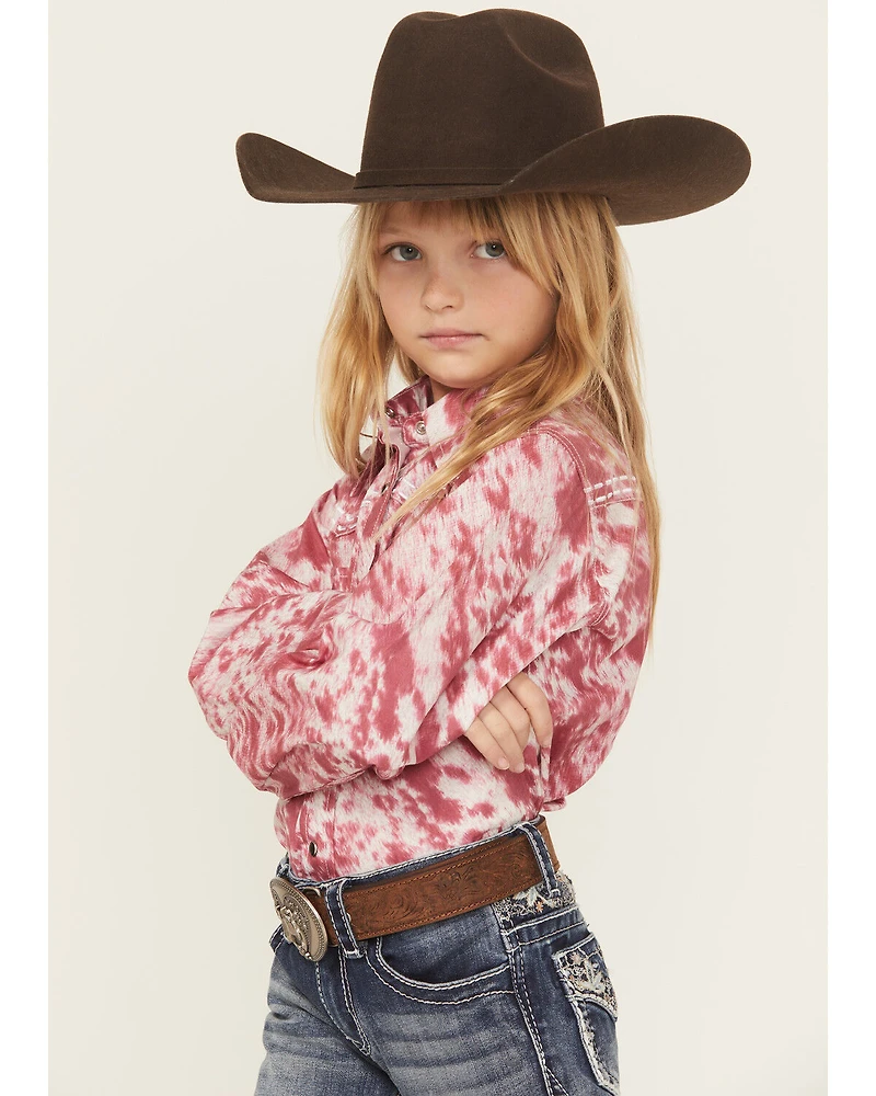 Cowgirl Hardware Girls' Cowhide Print Long Sleeve Snap Stretch Western Shirt