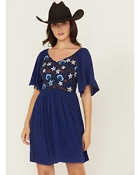 Shyanne Women's Embroidered Crinkle Flutter Sleeve Mini Dress