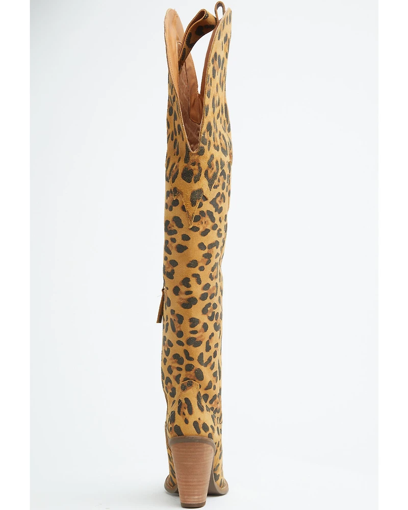 Dingo Women's Diva Leopard Print Thigh High Western Boots - Snip Toe