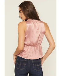 Shyanne Women's Satin Lace Trim Sleeveless Button-Down Tank Top