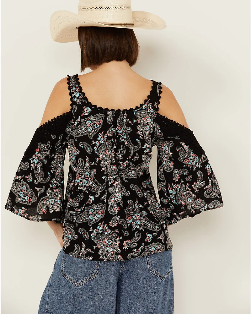 Wild Moss Women's Paisley Print Crochet Cold Shoulder Top