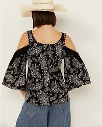 Wild Moss Women's Paisley Print Crochet Cold Shoulder Top