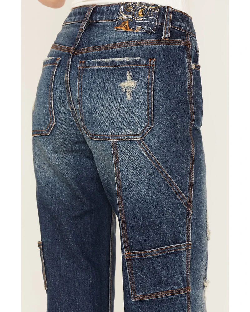 Cleo + Wolf Women's Medium Wash Mid Rise Distressed Cargo Straight Jeans