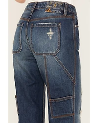 Cleo + Wolf Women's Medium Wash Mid Rise Distressed Cargo Straight Jeans