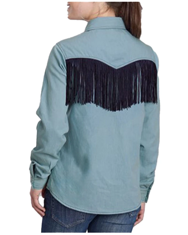 Roper Women's Light Wash Long Sleeve Fringe Button-Down Denim Shirt
