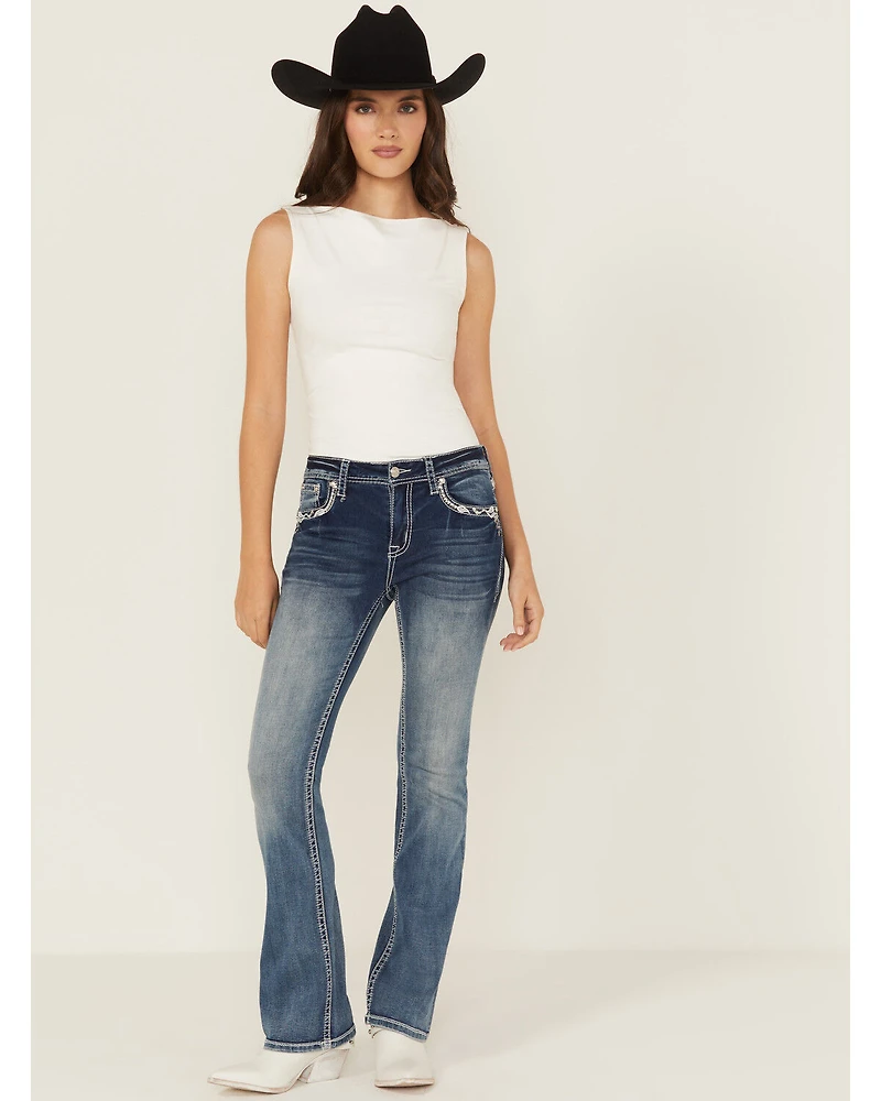 Grace LA Women's Medium Wash Dream Catcher Embroidered Mid Rise Bootcut Stretch Denim Jeans