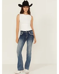 Grace LA Women's Medium Wash Dream Catcher Embroidered Mid Rise Bootcut Stretch Denim Jeans