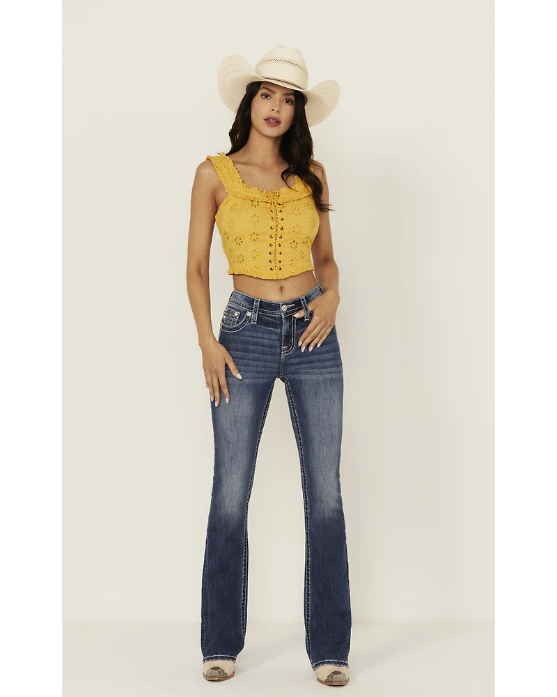 Miss Me Women's Medium Wash Americana Pocket 34" Bootcut Stretch Denim Jeans