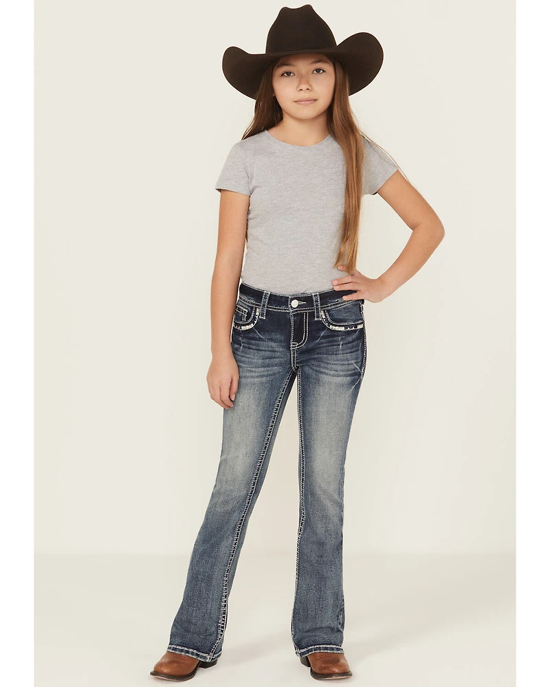 Grace La Girls' Floral Steerhead Embroidered And Embellished Bootcut Stretch Denim Jeans