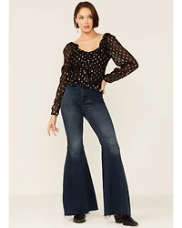 En Creme Women's Long Sleeve Foil Ruffle Blouse