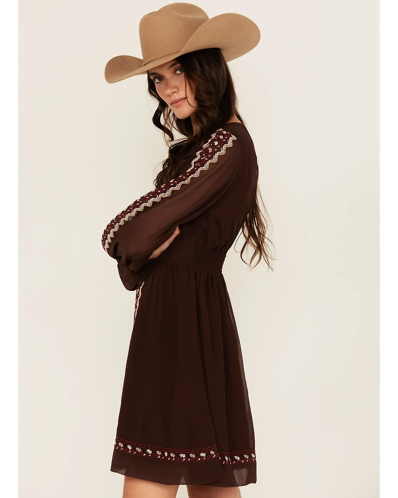 Shyanne Women's Georgette Embroidered Long Sleeve Mini Dress