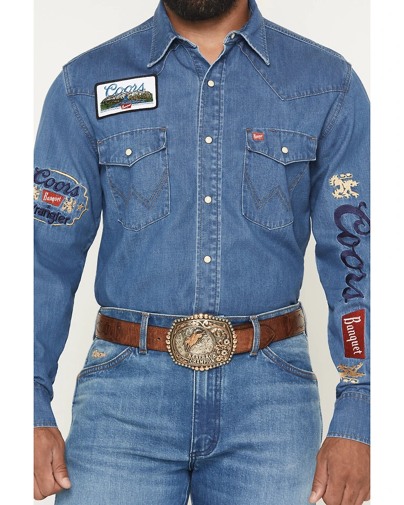 Wrangler X Coors Banquet Men's Embroidered Denim Long Sleeve Snap Western Shirt