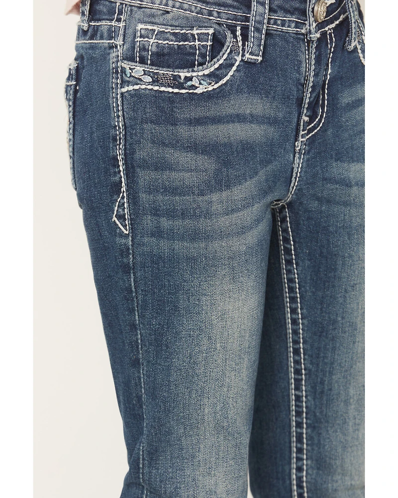 Grace LA Girls' Dark Wash Floral Horseshoe Pocket Bootcut Stretch Denim Jeans
