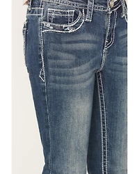 Grace LA Girls' Dark Wash Floral Horseshoe Pocket Bootcut Stretch Denim Jeans