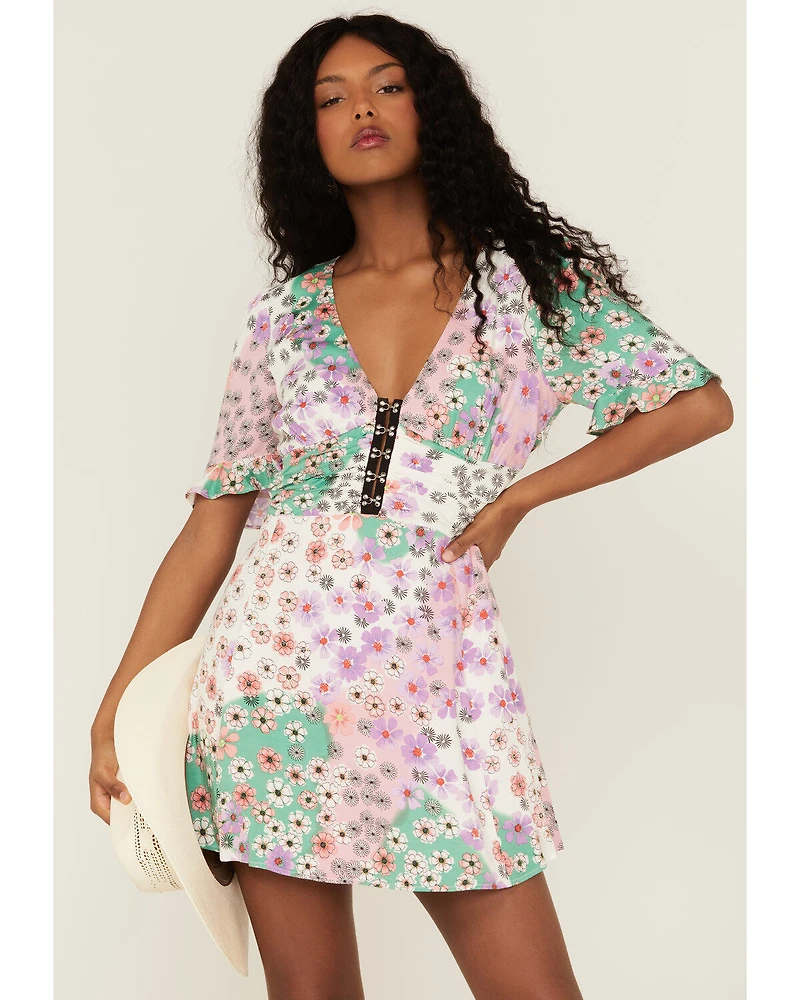 Beyond The Radar Women's Mixed Floral Print Corset Mini Dress