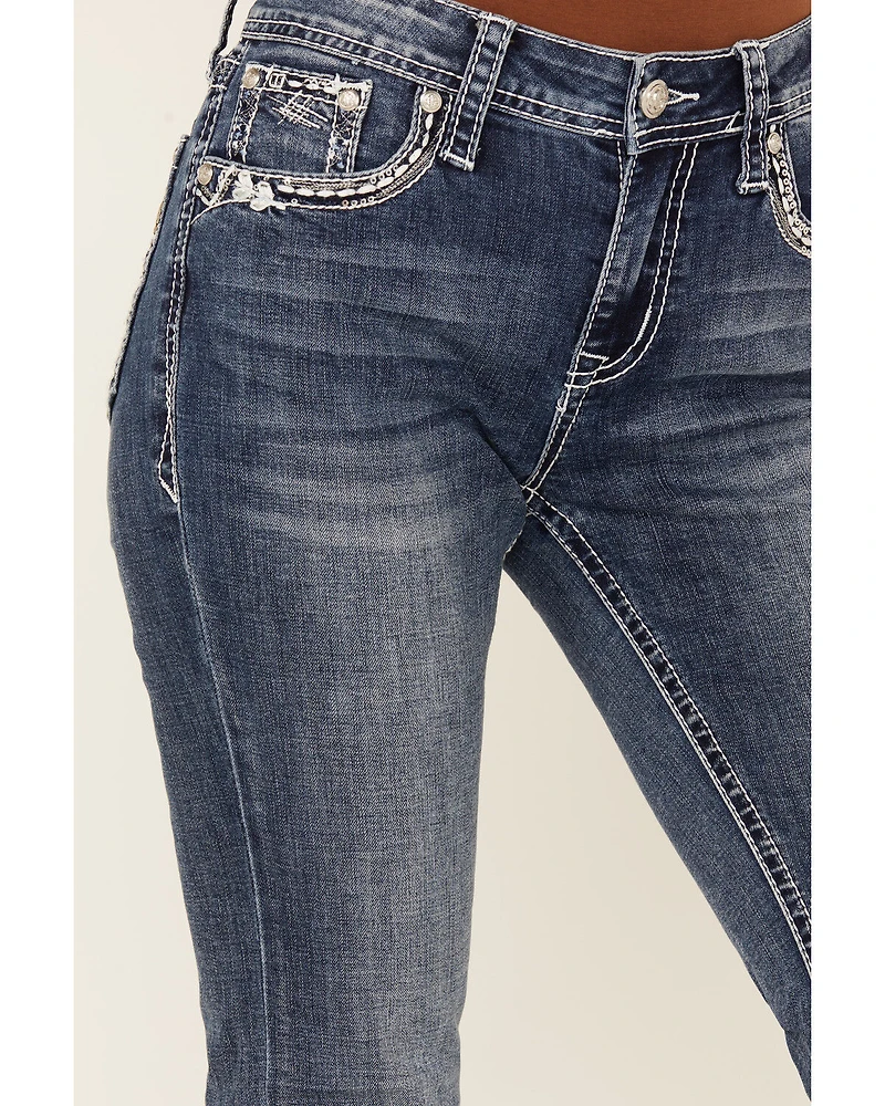 Grace LA Women's Medium Wash Geo Print Embroidered Mid Rise Bootcut Stretch Denim Jeans