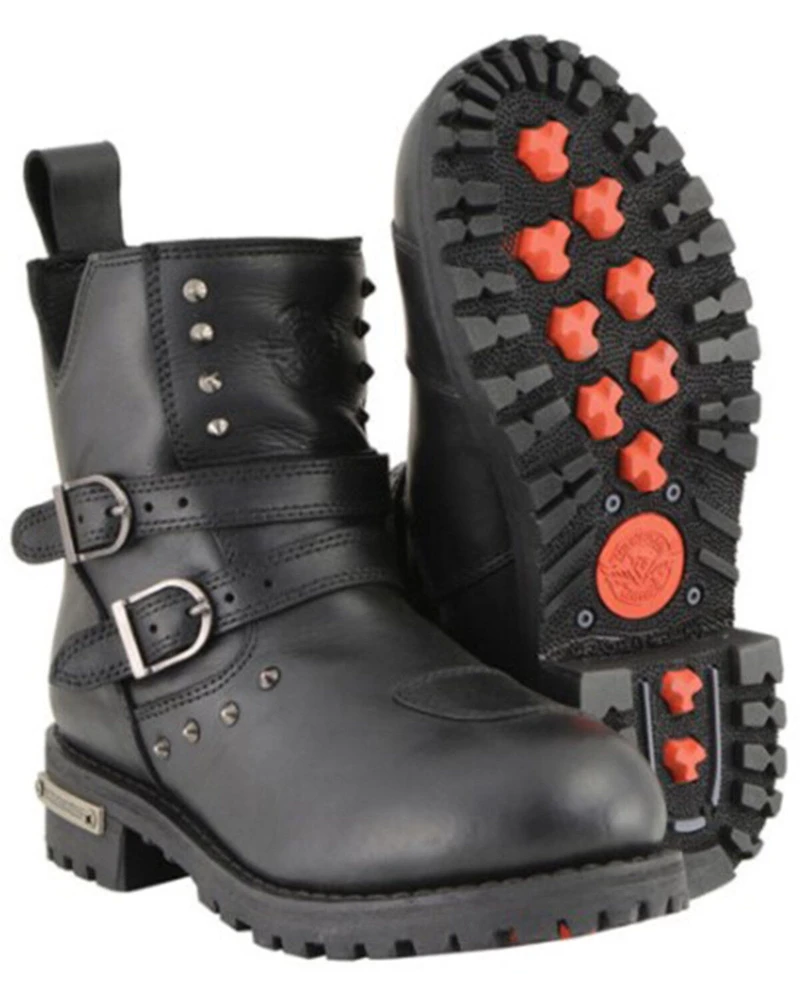 Milwaukee Leather Women's Double Strap Waterproof Studded Boots - Round Toe