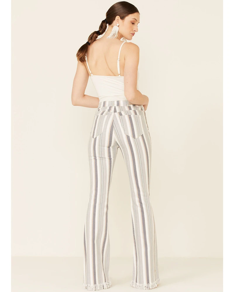 Cello Women's Striped Raw Hem Flare Jeans