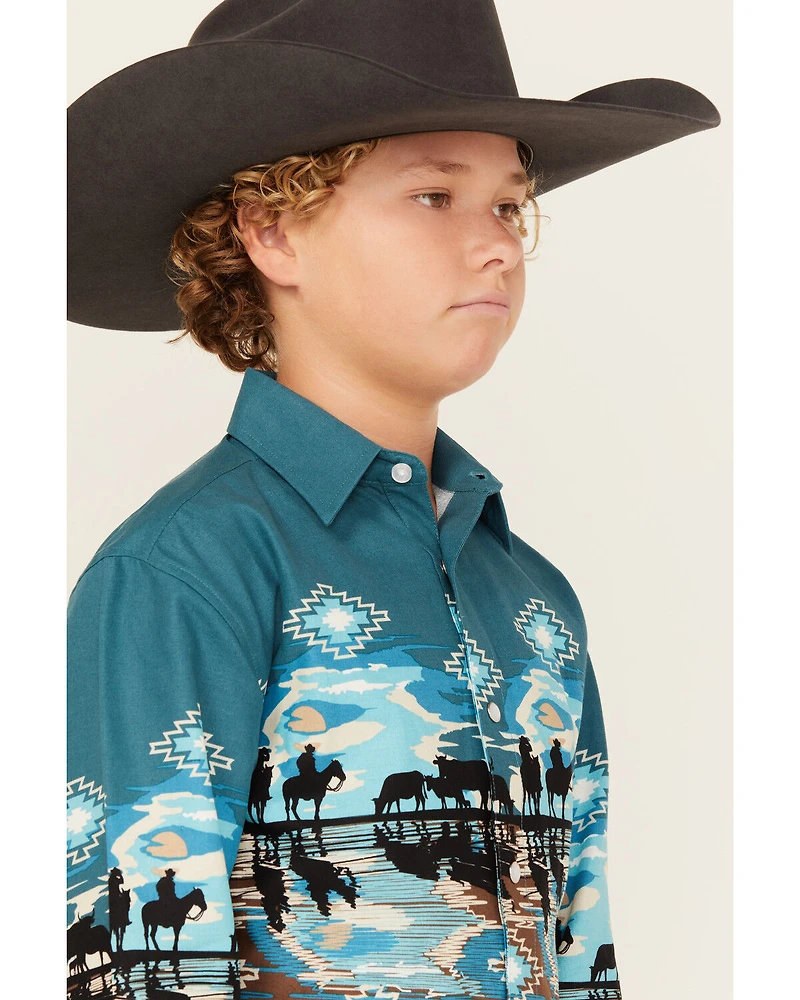 Panhandle Boys' Cowboy Border Print Long Sleeve Snap Western Shirt