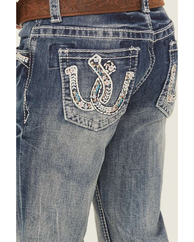 Grace LA Little Girls' Light Wash Double Horseshoe Pocket Bootcut Stretch Denim Jeans
