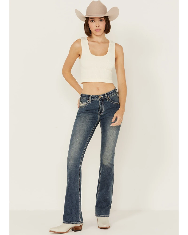 Rock & Roll Denim Women's Medium Wash Mid Rise Leather Embroidered Bootcut Stretch Jeans