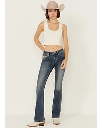 Rock & Roll Denim Women's Medium Wash Mid Rise Leather Embroidered Bootcut Stretch Jeans