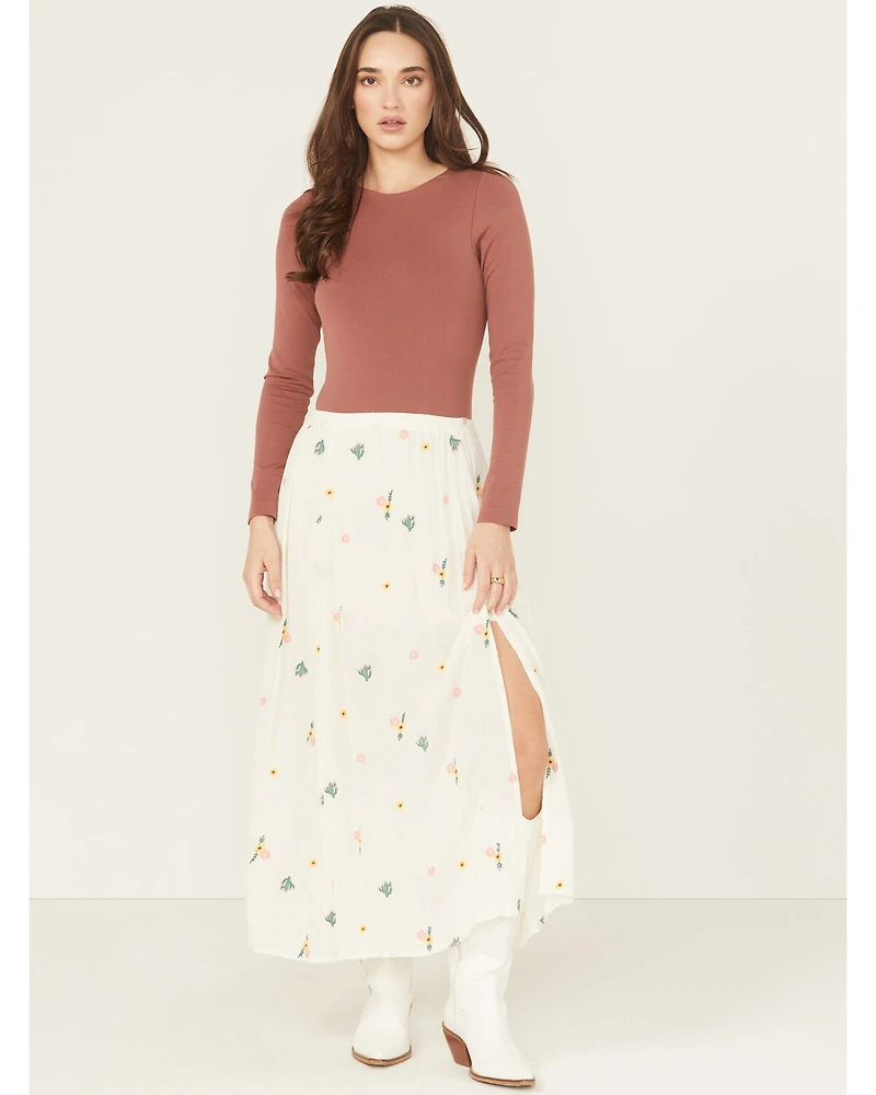 Rock & Roll Denim Women's Floral Embroidered Midi Skirt