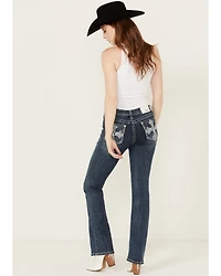 Grace LA Women's Medium Wash Paisley Cross Pocket Bootcut Stretch Denim Jeans